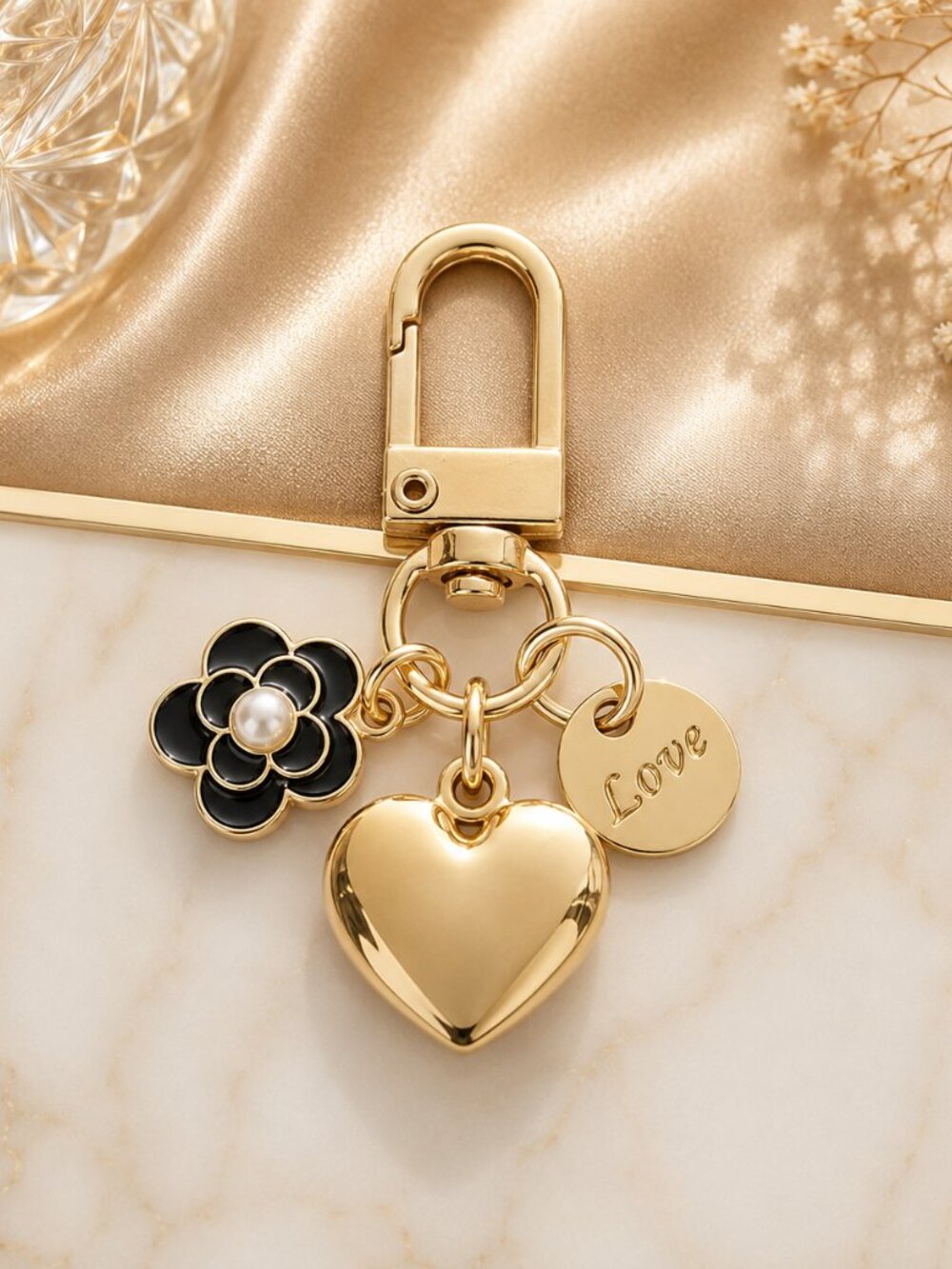 Gold Heart Bag Charm Purse Charm Keychain Flower Pearl Love Pendant - Picture 3 of 5